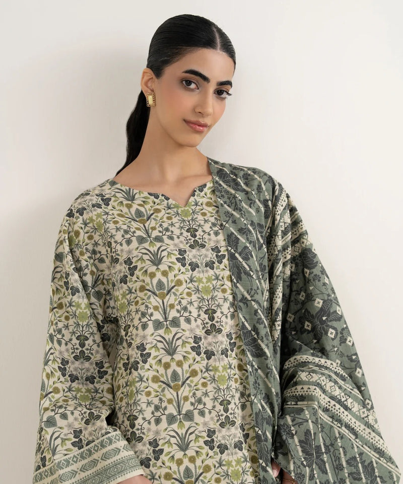 Sapphire | 3 Piece - Printed Khaddar Suit | SKU: 0U3PDD25V98C | Off White & Grey