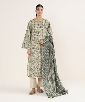Sapphire | 3 Piece - Printed Khaddar Suit | SKU: 0U3PDD25V98C | Off White & Grey