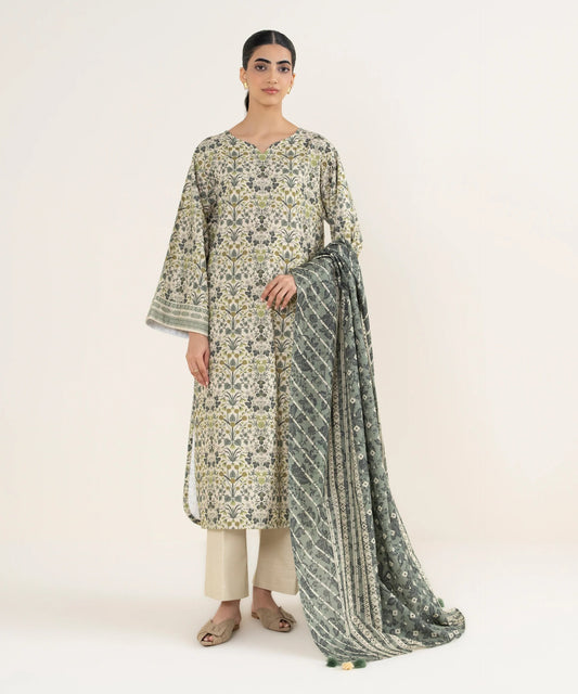 Sapphire | 3 Piece - Printed Khaddar Suit | SKU: 0U3PDD25V98C | Off White & Grey