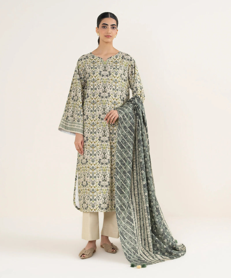 Sapphire | 3 Piece - Printed Khaddar Suit | SKU: 0U3PDD25V98C | Off White & Grey