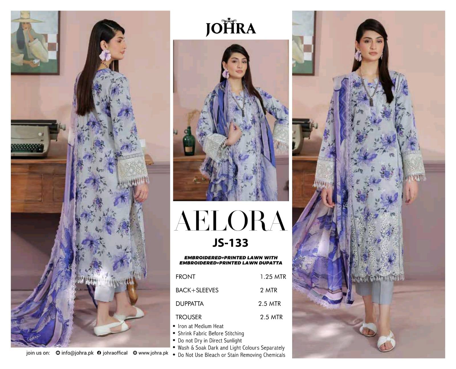 AELORA BY JOHRA Lawn fabric 3PC Summer Collection 2026 Unstitched JS - 133 (Lavender Grey) - Bristy's Collection