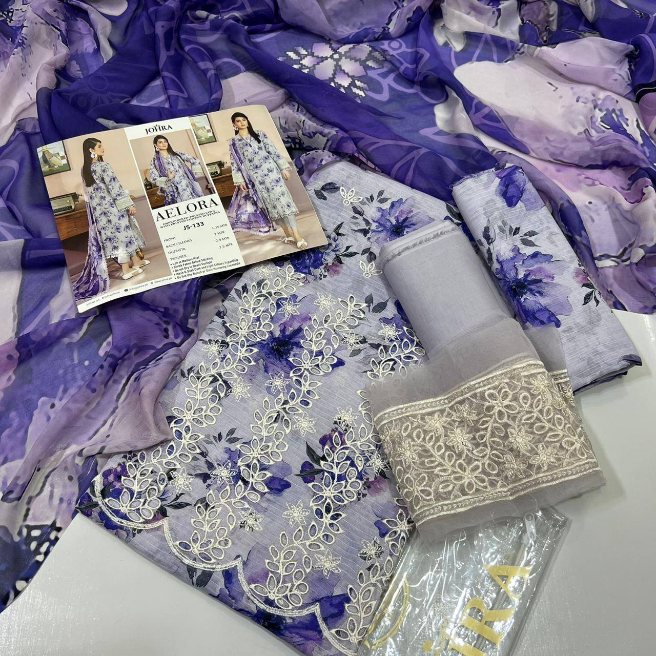 AELORA BY JOHRA Lawn fabric 3PC Summer Collection 2026 Unstitched JS - 133 (Lavender Grey) - Bristy's Collection