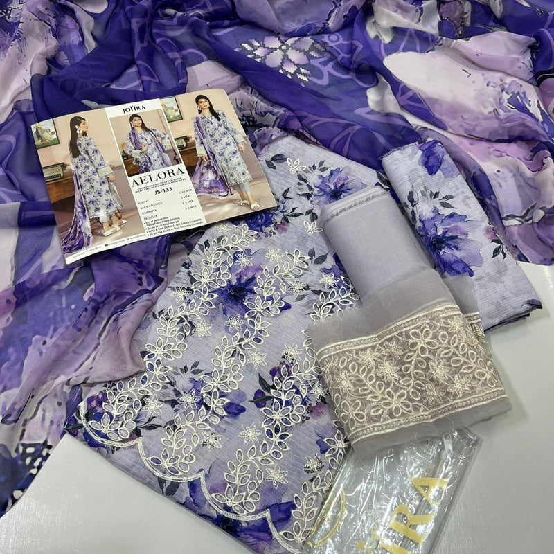 AELORA BY JOHRA Lawn fabric 3PC Summer Collection 2026 Unstitched JS - 133 (Lavender Grey) - Bristy's Collection