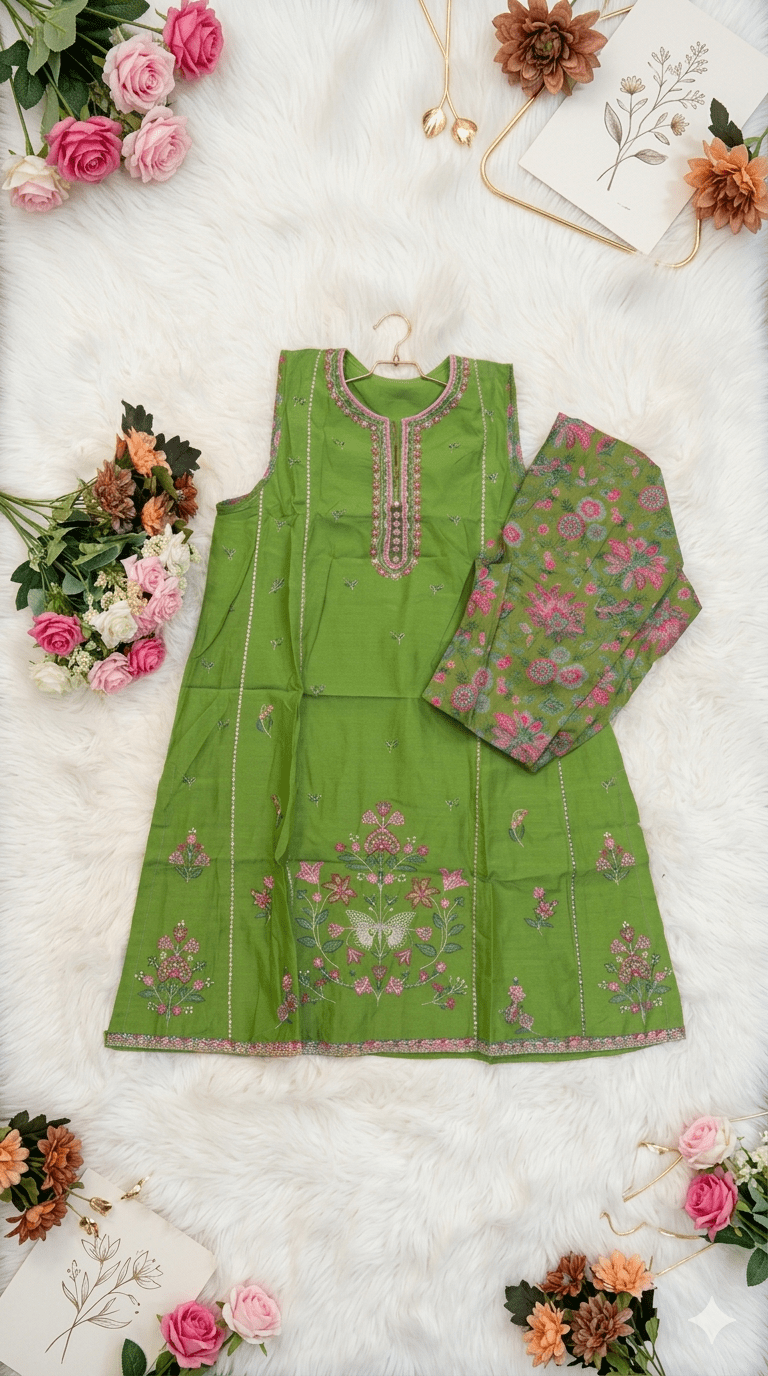 ETHNC Kids Embroidered 2 pcs Stitched Suit - Green - Bristy's Collection