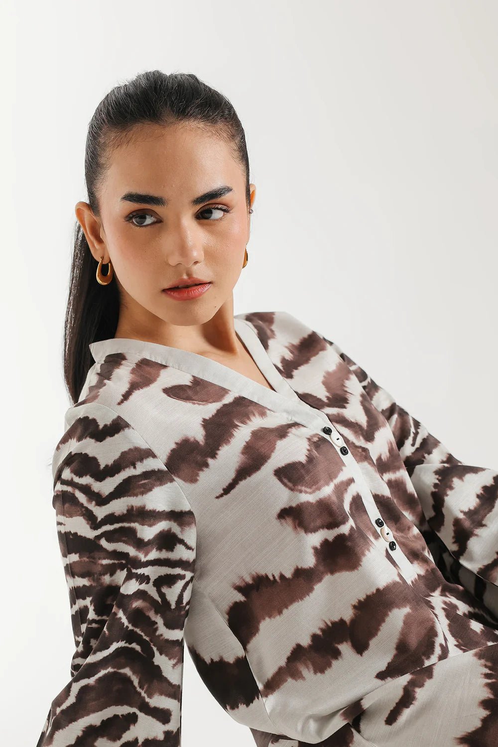 ETHNC - PRINTED KAFTAN - OFF WHITE | DRESS - RELAXED FIT - V - NECK WITH BUTTONS - FLARED SLEEVES - LOW SIDE SLITS - LONG LENGTH - Bristy's Collection