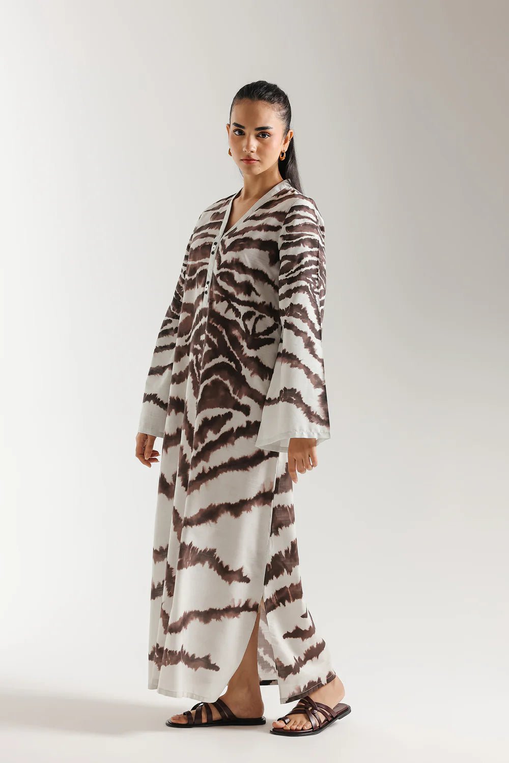 ETHNC - PRINTED KAFTAN - OFF WHITE | DRESS - RELAXED FIT - V - NECK WITH BUTTONS - FLARED SLEEVES - LOW SIDE SLITS - LONG LENGTH - Bristy's Collection