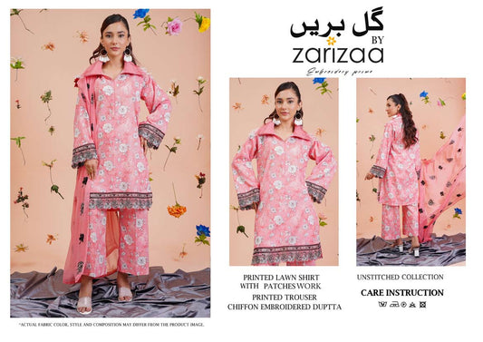 Un-stitched 3-piece embroidered lawn By Gulzar Yousaf Volume-Gull Bareen (Blush Pink)