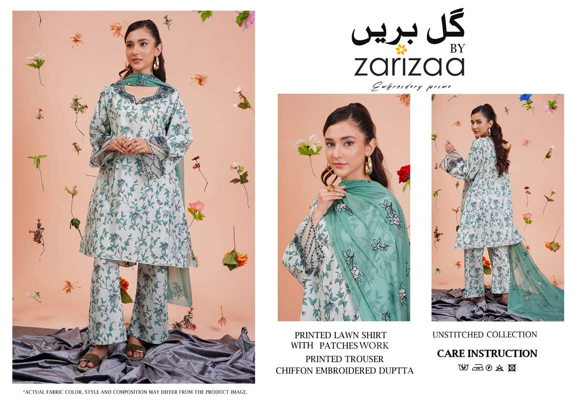 Un-stitched 3-piece embroidered lawn By Gulzar Yousaf Volume-Gull Bareen (Mist Green)