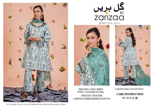 Un-stitched 3-piece embroidered lawn By Gulzar Yousaf Volume-Gull Bareen (Mist Green)