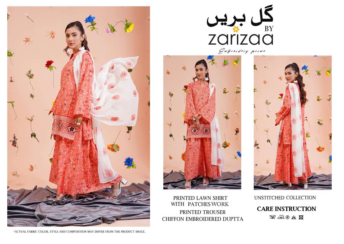 Un-stitched 3-piece embroidered lawn By Gulzar Yousaf Volume-Gull Bareen (Coral Pink)