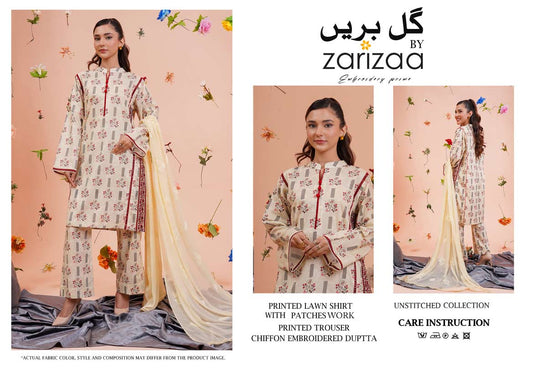 Un-stitched 3-piece embroidered lawn By Gulzar Yousaf Volume-Gull Bareen (Light beige)