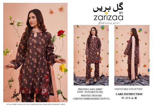 Un-stitched 3-piece embroidered lawn By Gulzar Yousaf Volume-Gull Bareen (Chocolate)