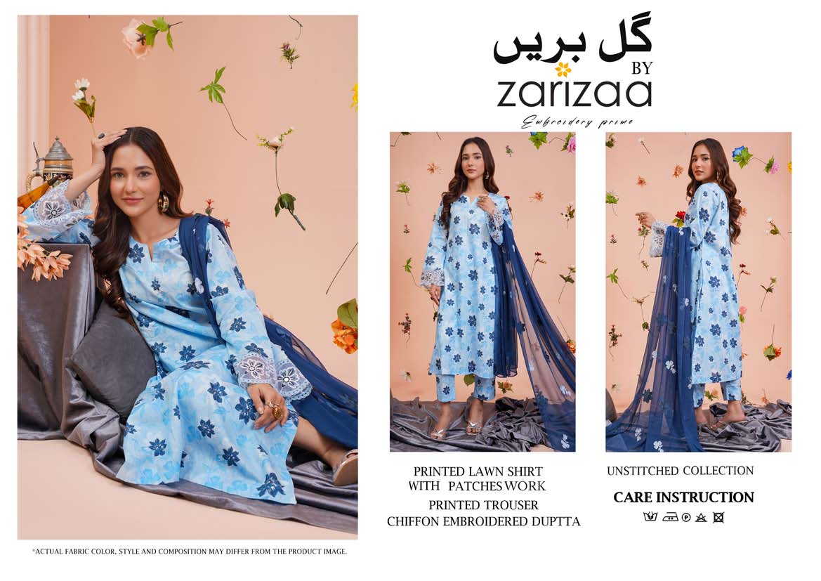 Un-stitched 3-piece embroidered lawn suit from the "گل بریں: Gol Bareen " By Gulzar Yousaf (Light Blue Floral)