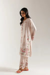Pale coral embroidered 2-piece stitched suit with floral detailing on neckline, front and hem