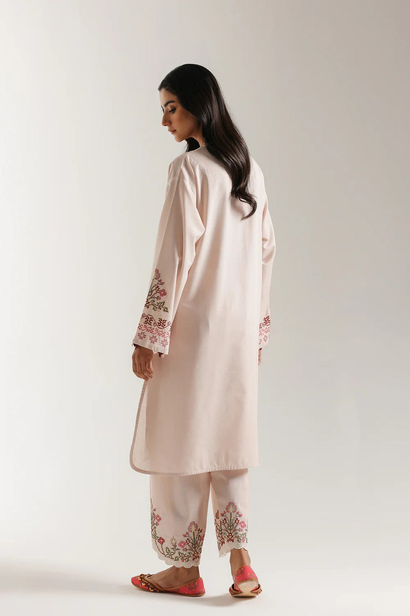 Pale coral embroidered 2-piece stitched suit with floral detailing on neckline, front and hem