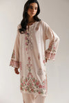 Pale coral embroidered 2-piece stitched suit with floral detailing on neckline, front and hem