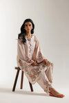 Pale coral embroidered 2-piece stitched suit with floral detailing on neckline, front and hem