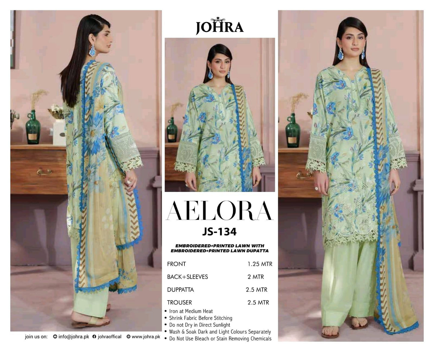 AELORA BY JOHRA Lawn fabric 3PC Summer Collection 2026 Unstitched JS-134 (Soft Mint Green)