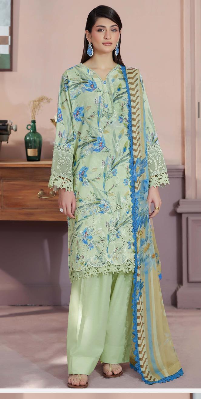AELORA BY JOHRA Lawn fabric 3PC Summer Collection 2026 Unstitched JS-134 (Soft Mint Green)