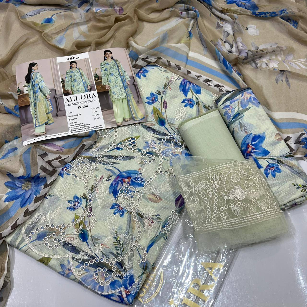 AELORA BY JOHRA Lawn fabric 3PC Summer Collection 2026 Unstitched JS-134 (Soft Mint Green)