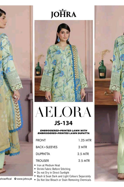 AELORA BY JOHRA Lawn fabric 3PC Summer Collection 2026 Unstitched JS-134 (Soft Mint Green)