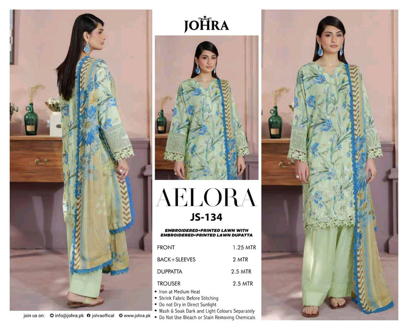 AELORA BY JOHRA Lawn fabric 3PC Summer Collection 2026 Unstitched JS-134 (Soft Mint Green)
