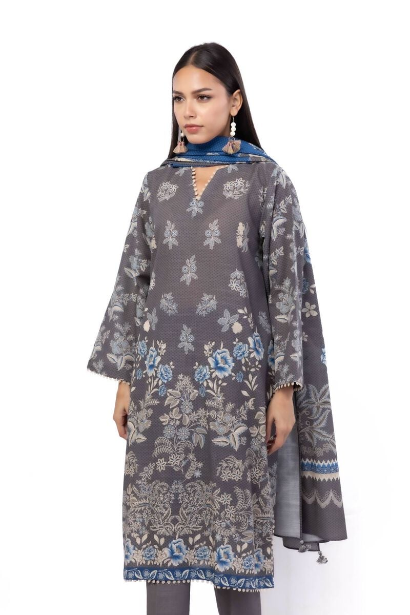 Khaadi Unstitched 3-piece printed khaddar suit in slate grey