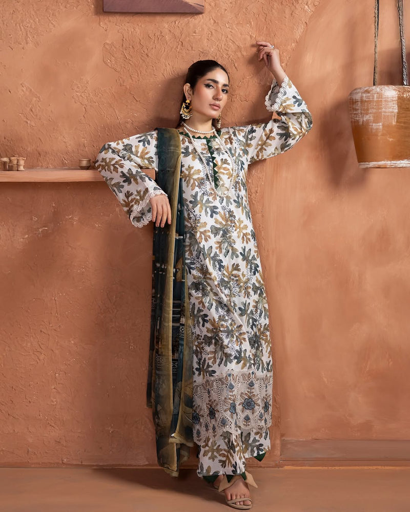 Prime Rose by Aalaya’s Summer Vol 01 ’26 | 3 PC UN - STITCHED | (SHIRT TROUSER & DUPPATA) Design - 04 (Green floral look) - Bristy's Collection