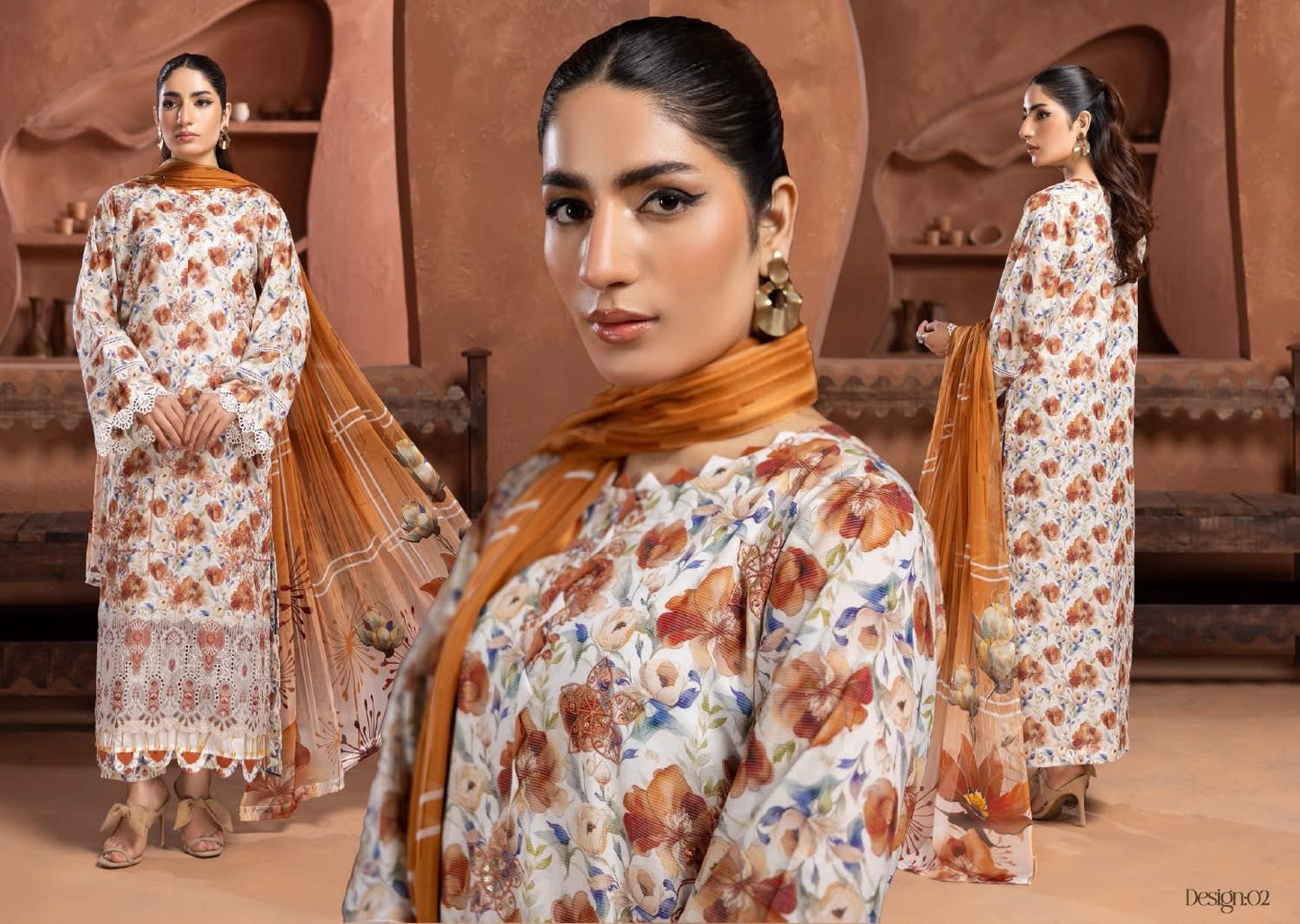 Prime Rose by Aalaya’s Summer Vol 01 ’26 | 3 PC UN - STITCHED | (SHIRT TROUSER & DUPPATA) Design - 09 (Peach / warm floral look) - Bristy's Collection