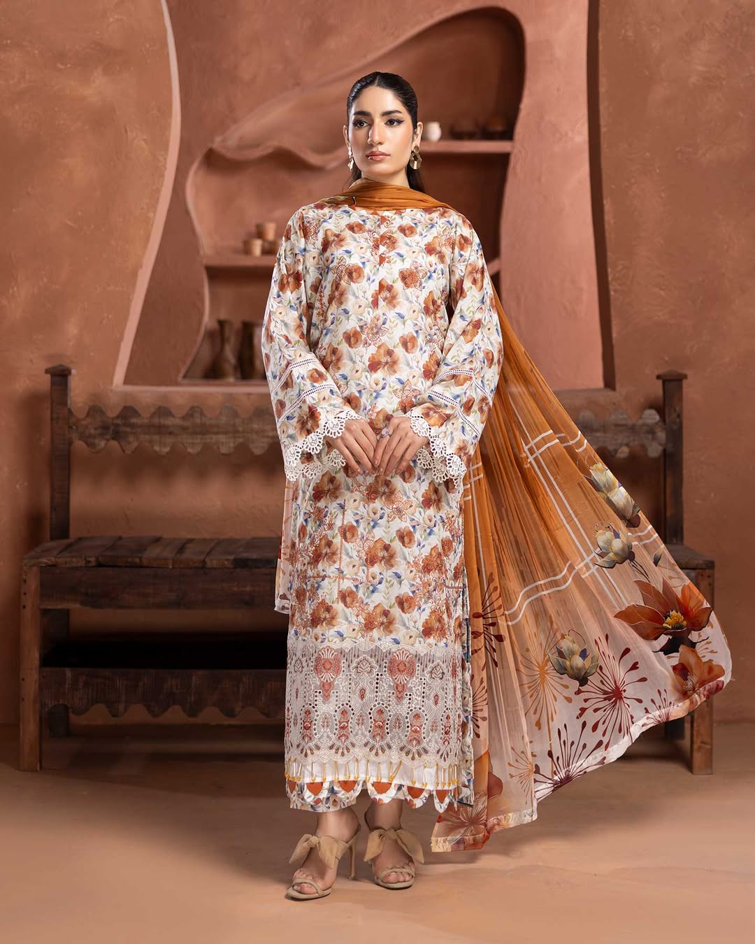 Prime Rose by Aalaya’s Summer Vol 01 ’26 | 3 PC UN - STITCHED | (SHIRT TROUSER & DUPPATA) Design - 09 (Peach / warm floral look) - Bristy's Collection