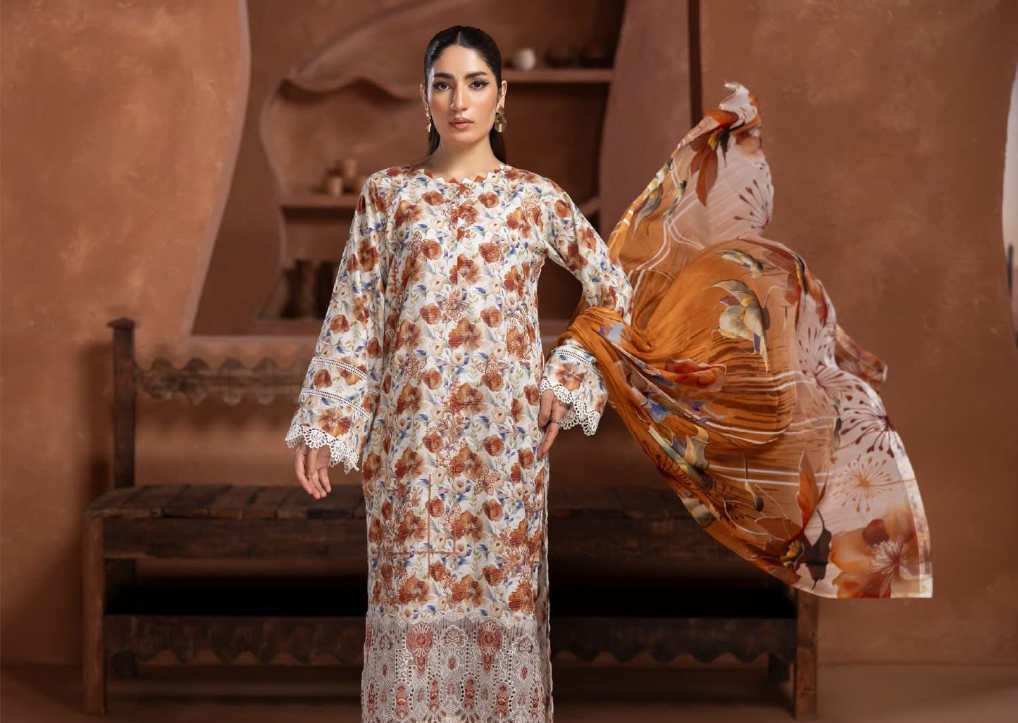 Prime Rose by Aalaya’s Summer Vol 01 ’26 | 3 PC UN - STITCHED | (SHIRT TROUSER & DUPPATA) Design - 09 (Peach / warm floral look) - Bristy's Collection