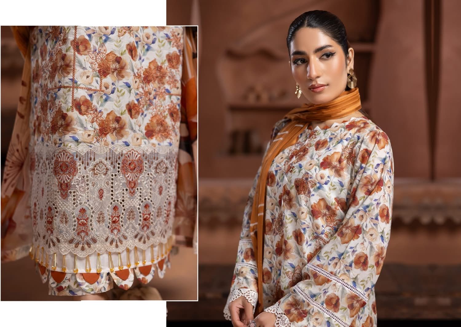 Prime Rose by Aalaya’s Summer Vol 01 ’26 | 3 PC UN - STITCHED | (SHIRT TROUSER & DUPPATA) Design - 09 (Peach / warm floral look) - Bristy's Collection
