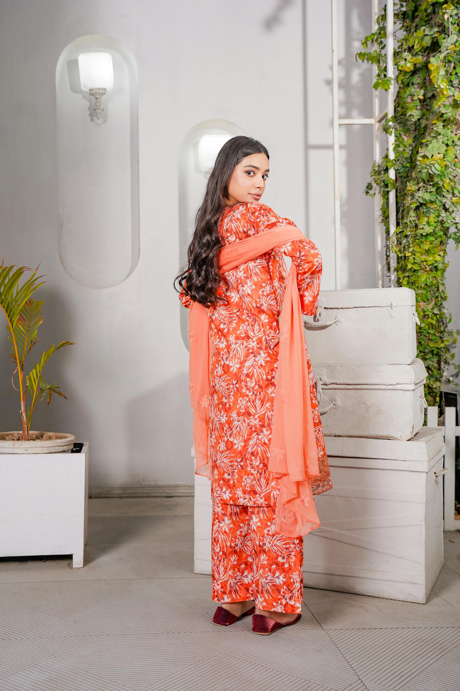 Un - stitched 3 - piece embroidered lawn By Gulzar Yousaf Volume 03 - code D/02(Peach - Orange) - Bristy's Collection