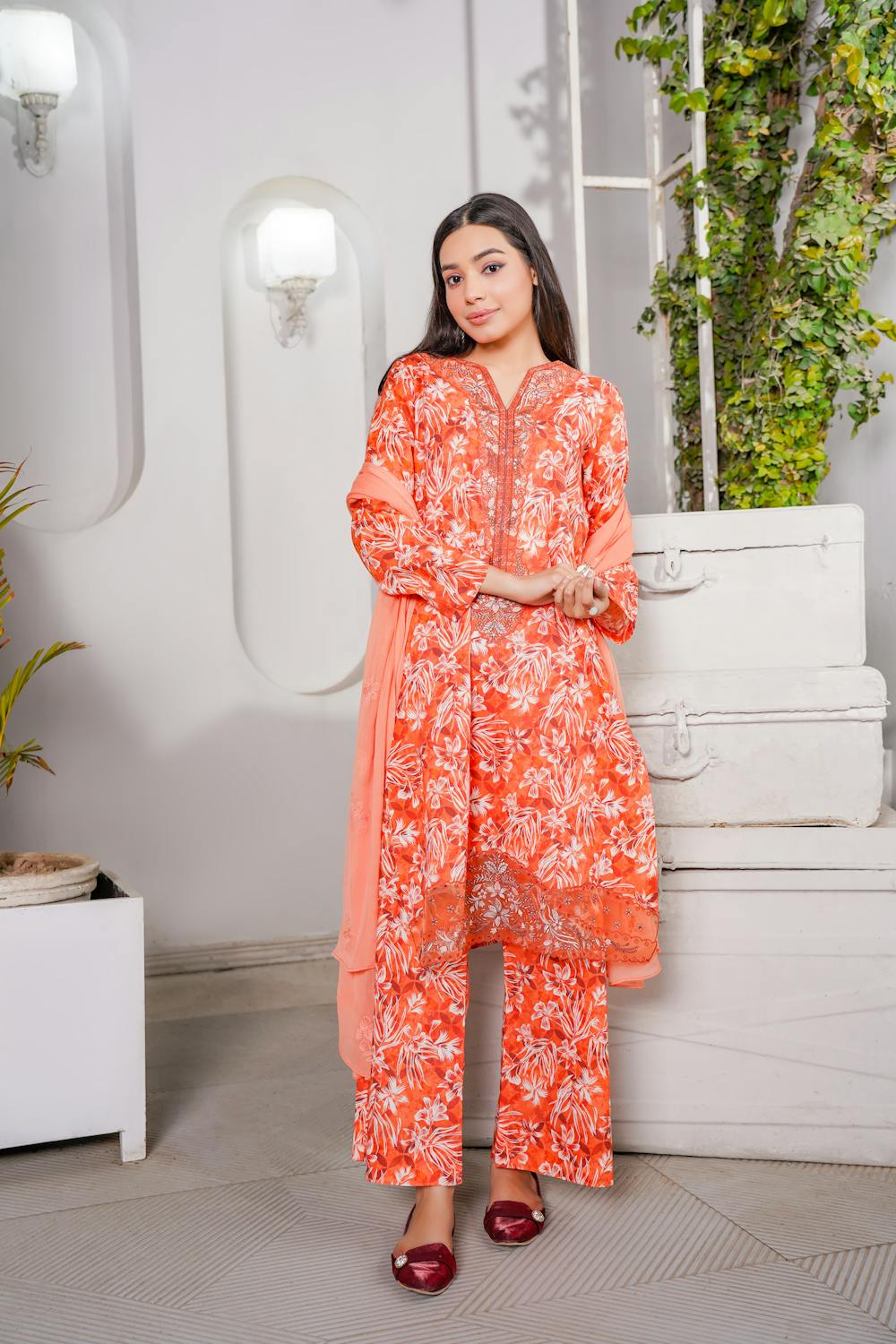 Un - stitched 3 - piece embroidered lawn By Gulzar Yousaf Volume 03 - code D/02(Peach - Orange) - Bristy's Collection
