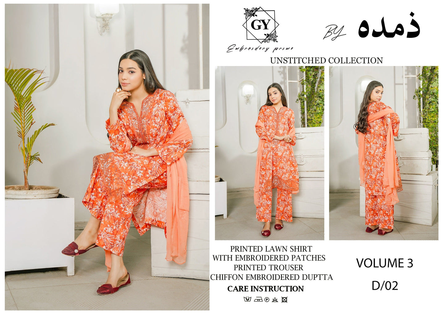 Un - stitched 3 - piece embroidered lawn By Gulzar Yousaf Volume 03 - code D/02(Peach - Orange) - Bristy's Collection