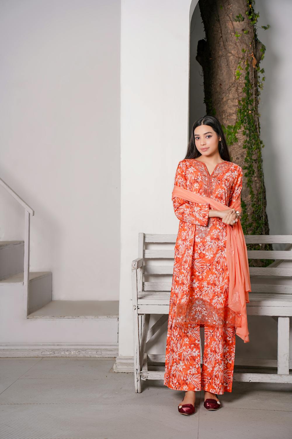Un - stitched 3 - piece embroidered lawn By Gulzar Yousaf Volume 03 - code D/02(Peach - Orange) - Bristy's Collection