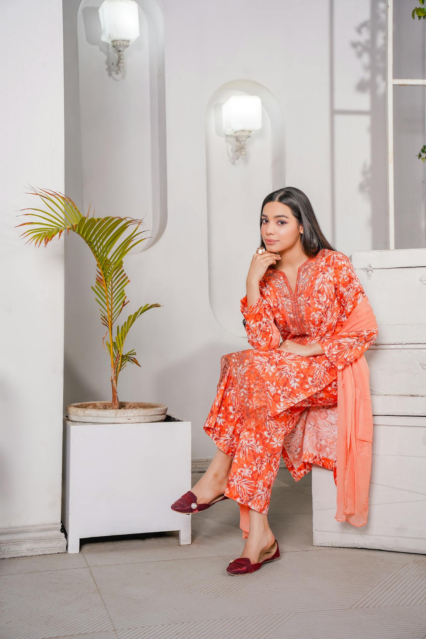 Un - stitched 3 - piece embroidered lawn By Gulzar Yousaf Volume 03 - code D/02(Peach - Orange) - Bristy's Collection
