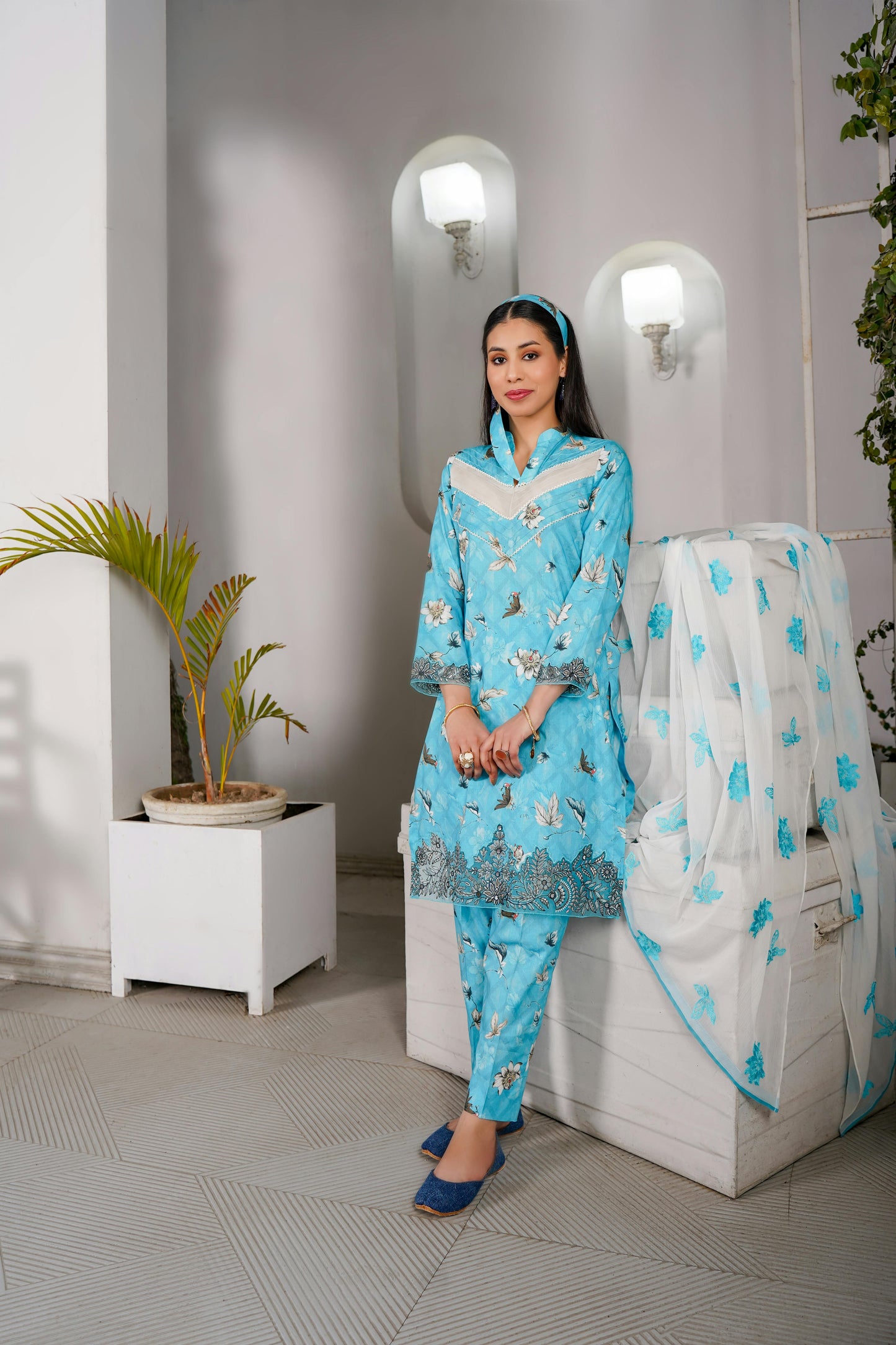 Un - stitched 3 - piece embroidered lawn By Gulzar Yousaf Volume 03 - code D/08(turquoise - blue) - Bristy's Collection