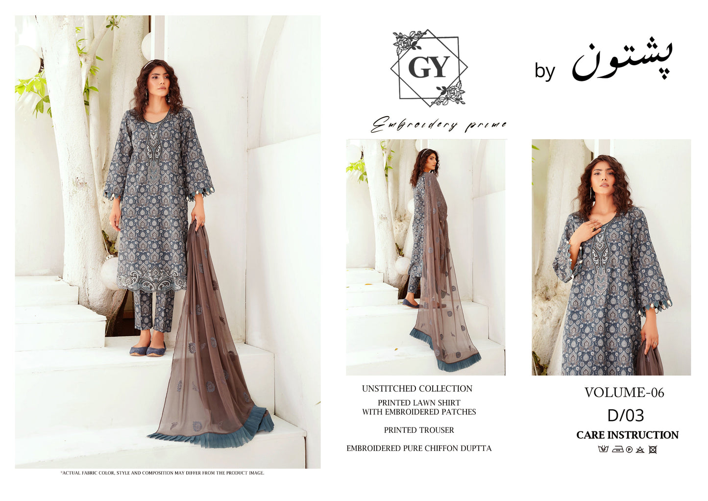 Un - stitched 3 - piece embroidered lawn By Gulzar Yousaf Volume 06 - code D/03(slate grey) - Bristy's Collection