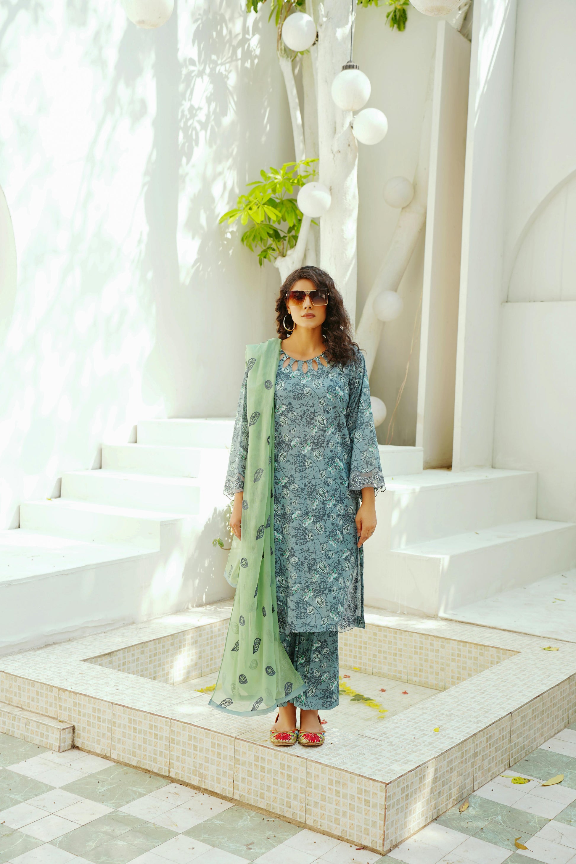 Un - stitched 3 - piece embroidered lawn By Gulzar Yousaf Volume 06 - code D/04(sage green) - Bristy's Collection