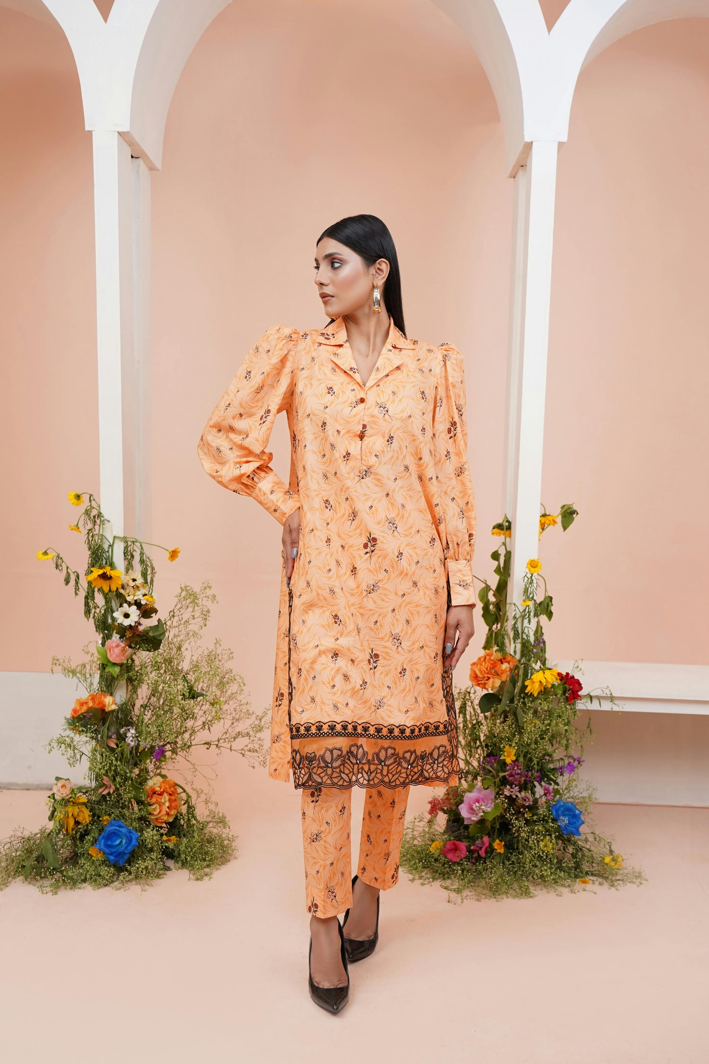 Un - stitched 3 - piece embroidered lawn (Collection: Pamir) By Gulzar Yousaf 04 - D/06 (Mandarin Orange) - Bristy's Collection