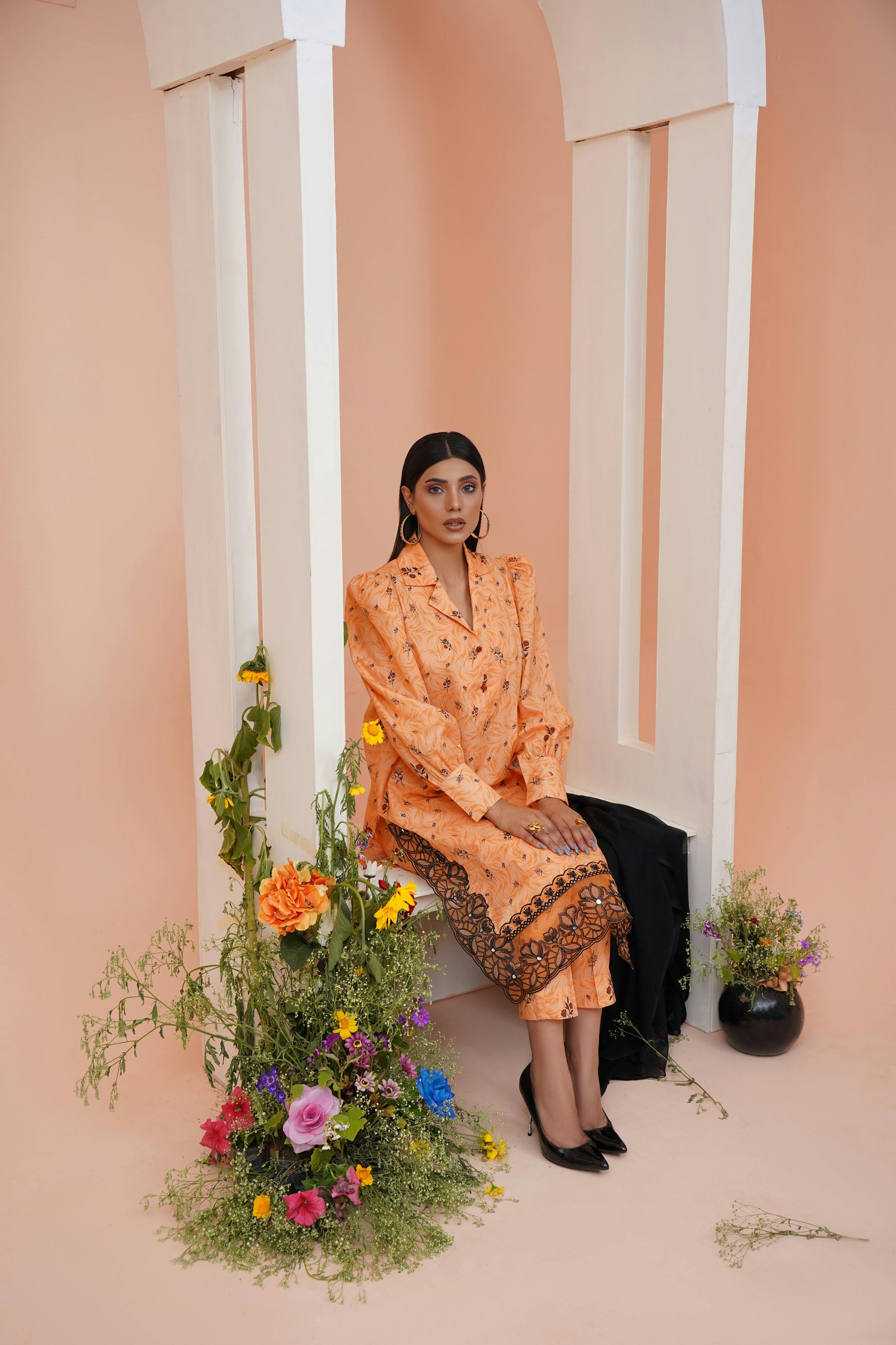Un - stitched 3 - piece embroidered lawn (Collection: Pamir) By Gulzar Yousaf 04 - D/06 (Mandarin Orange) - Bristy's Collection