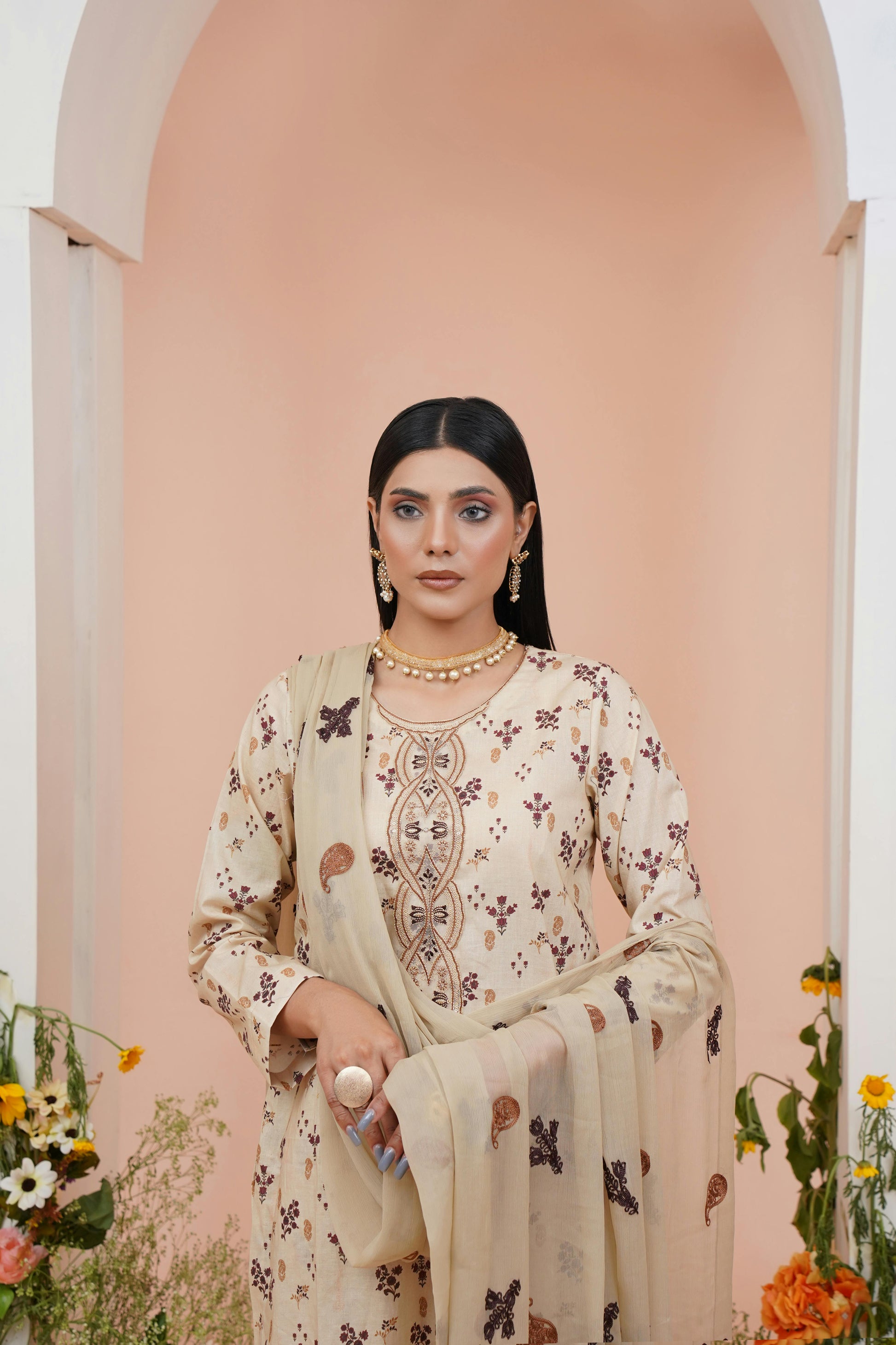 Un - stitched 3 - piece embroidered lawn (Collection: Pamir) By Gulzar Yousaf 04 - D/08 (Ivory beige) - Bristy's Collection
