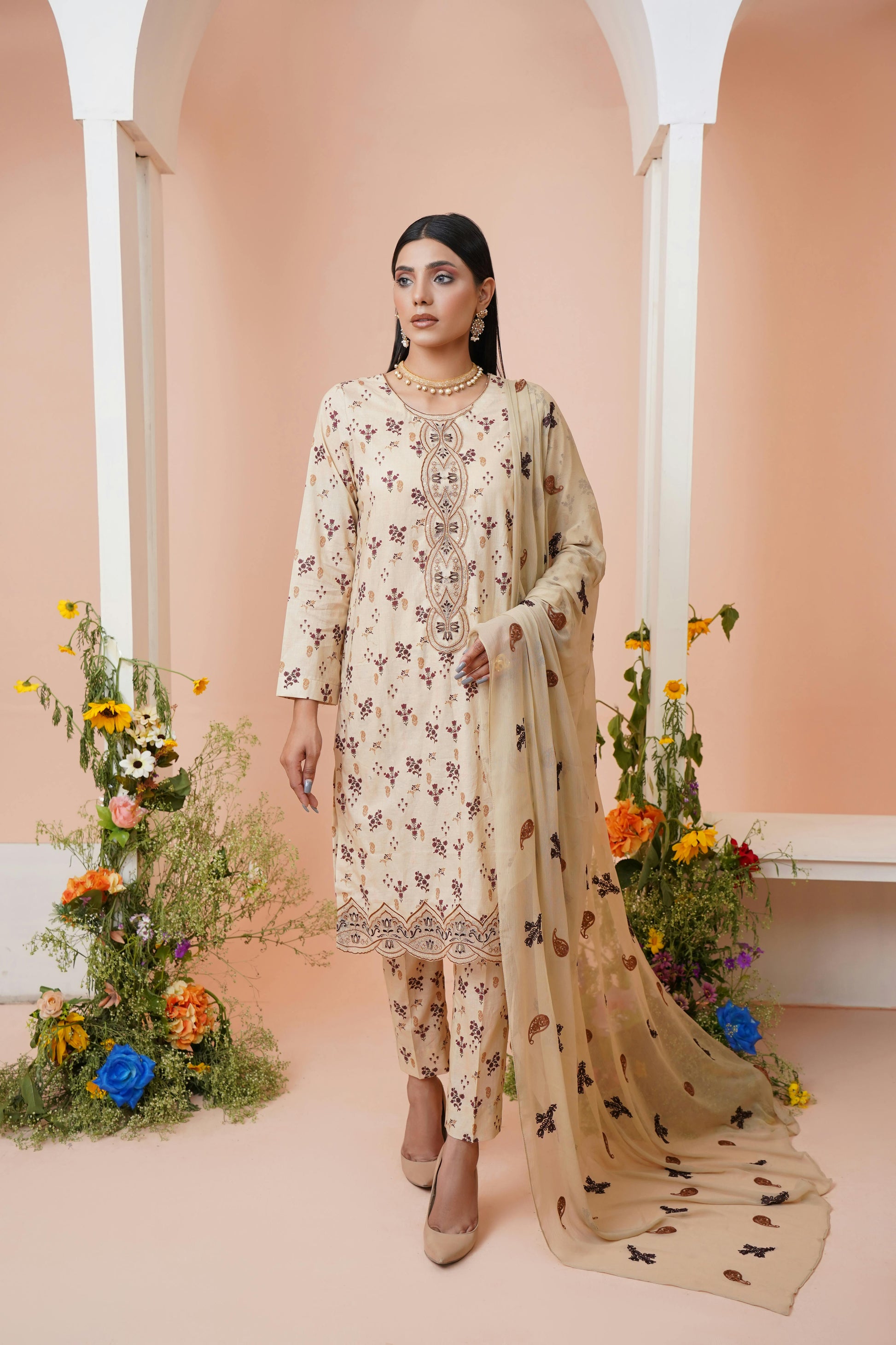 Un - stitched 3 - piece embroidered lawn (Collection: Pamir) By Gulzar Yousaf 04 - D/08 (Ivory beige) - Bristy's Collection